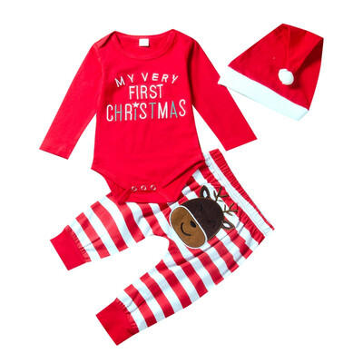 

Baby Set 0-24M New Autumn Baby Girl Boy Christmas Letter Print Long Sleeve Romper Tops Cartoon Stripe Trousers Hat Outfits