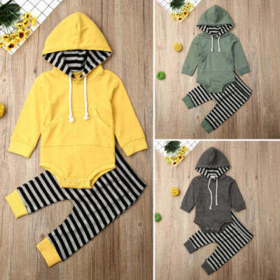 

Toddler Baby Boy Autumn Clothes Hooded Tops Romper Striped Long Pants Outfit Set