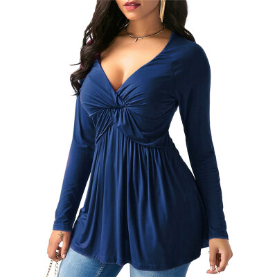 

Women Autumn Plus Size Sexy Deep V Neck Long Sleeve Ruffle Solid T Shirt Loose Casual Tops