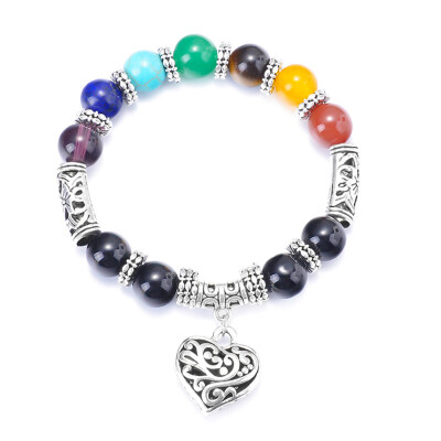 

10Mm Obsidian Beads Bracelets & Bangles Colorful Chakra Stone With Heart Pendant Charm Strand Bracelet For Women Men