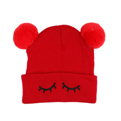 

Hot Childrens Head Cap Girls Boys Cute Embroidery Double Ball Knitted Caps New Winter Kids Warm Hats Children Soft Hat