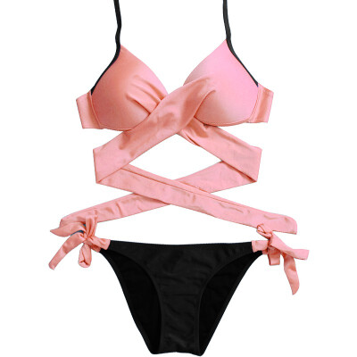 

Women Summer New Style Personality Sexy Lace Up Solid Color Concise Cross-Tie Bikinis Set Polyester Beach Vacation