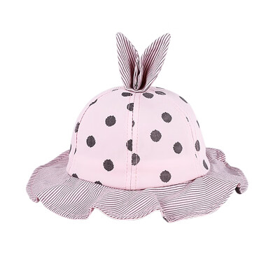 

2-7Y Autumn Baby Girls Hats Dot Stripe Print Bucket Hats With Ear Design Reversible Sun Headwear Caps