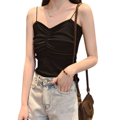 

Black Camisole Women Summer Fashion Sexy Camisole Round Neck Sleeveless Slim Solid Color T-Shirt Short Knit Vest