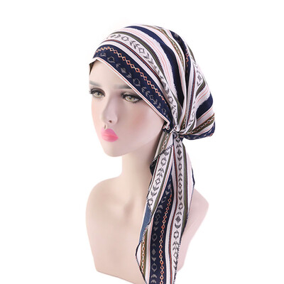 

10 Colors Muslim Women Print Turban Hijab Hat Cancer Chemo Cap For Hair Loss Head Scarf