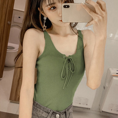 

Summer Women Elegant New Style Fashion Design U Neck Sleeveless Lace Up Solid Vest Knitted Tank Top Womens Sleeveless Tops