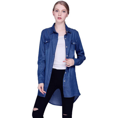 

Autumn Long Style Shirt Dark Blue Turn-down Collar Long-sleeve Denim Shirt For Womens Blouse