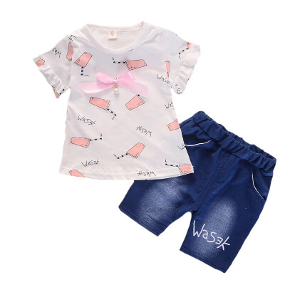 

Summer Childrens Sets Baby Girls Short Sleeve T-Shirt Pants Set Casual Denim Pant 2 Pcsset Girls Clothes Set Summer