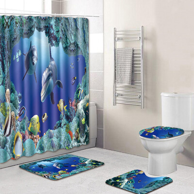 

Toponeto 4PCS Sea Style Non Slip Toilet Polyester Cover Mat Set Bathroom Shower Curtain