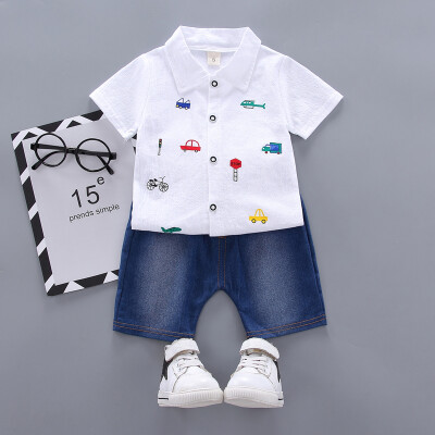 

Baby Clothes Boys Clothes Summer Casual Short Sleeve Cartoon Car Print T-shirt TopsDenim Shorts Costume Set New