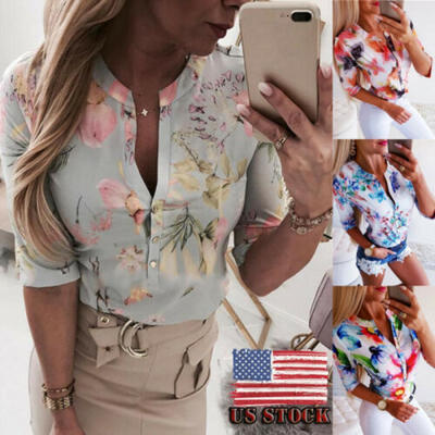 

Plus Size Womens Floral Button Up V Neck Blouse Tops Ladies T Shirt Casual Shirt