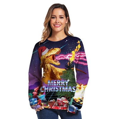

New Women Digital Dinosaur 3D Printed Sweaters Round Neck Pullover Long Sleeve Casual Loose Tops