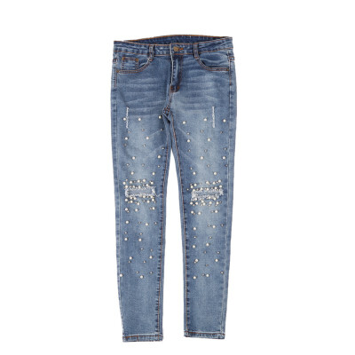 

Women Fashion Hollow Out Hole Denim Pencil Pants Casual Slim Rivet Pearl Decoration Jeans Low Waist Cowboy Trousers PL2