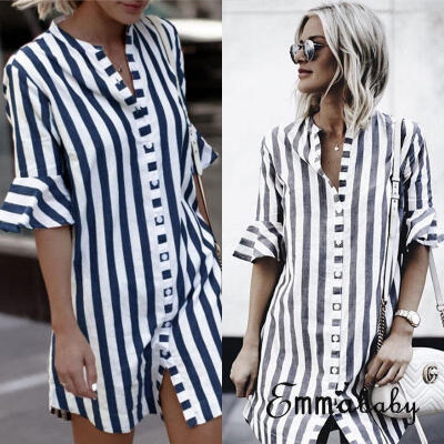 

Womens Summer Long Sleeve Tops Polo Neck Shirt Ladies Striped Button Blouse Tee