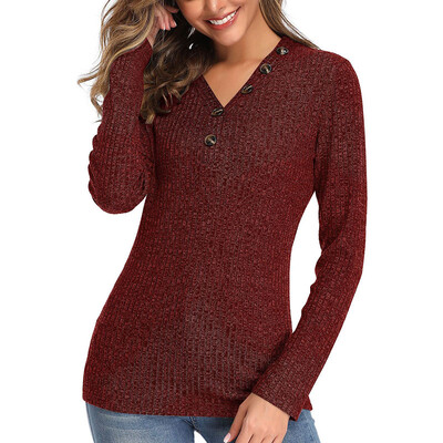 

Hot Sale Women Fashion Casual All-match Autumn And Winter Sweater V-neck Button Long-sleeved Slim Solid Color Sweater