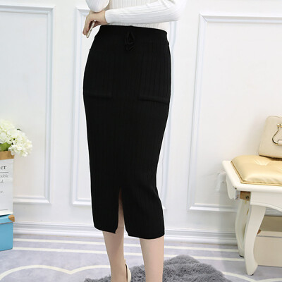 

Autumn winter women knitted skirt elastic waist stretch side split step skirt package hip Slim ladies solid color skirt