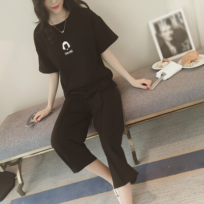 

Women High-Waist Solid Wide-Leg Pants Short-Sleeve Top Two-Piece Fashion Women O Neck Casual Two Piece Set