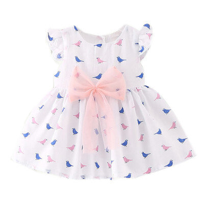 

Summer New Girls Dress Korean Fashion Fashion Dress Bird Pattern Bow Decoration Dress