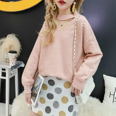 

Female Fashion Chic Round Neck Long Sleeve Knit Pullover Sweaters Women Loose Casual Solid Color Hollow Beading Sweater
