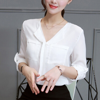 

White Blouse Long Sleeve Chiffon Blouse Summer V-neck Women Tops&Blouses Office Lady Shirt blusas mujer de moda 2019