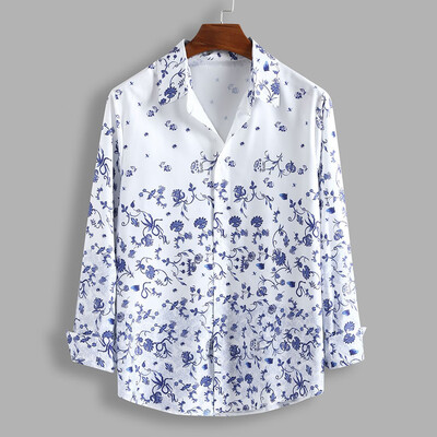 

Toponeto Mens Loose Elegant Flowers Printed Lump Chest Long Sleeve Round Hem Shirts Tops