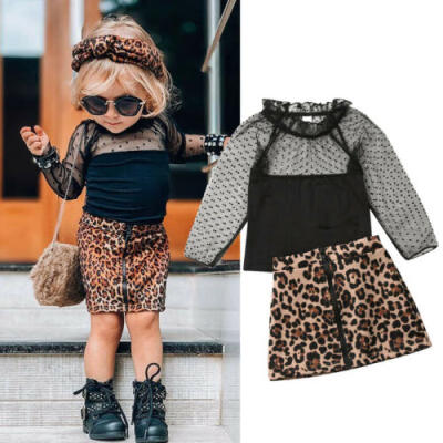 

Toddler Kids Baby Girl Infant Clothes Lace T-shirt Tops Leopard Dress Outfit Set