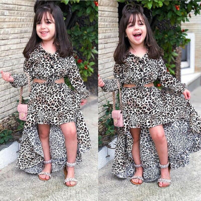 

Fashion Kid Baby Girl Clothes Crop Top Irregular Ruffle Dress Leopard Outfit Set