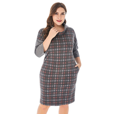 

Stand Collar Half Sleeve Spliced Plaid Print Pocket Plus Size Women Dress