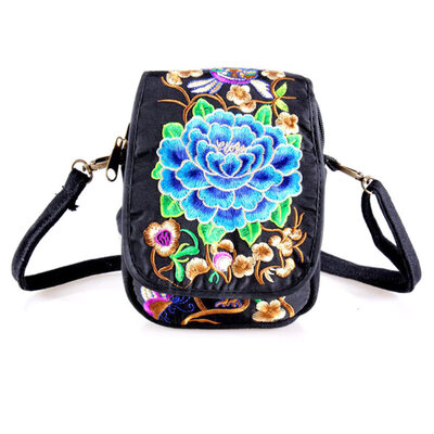 

Vintage Women Girl Flower Embroidery Canvas Crossbody Bag Phone Pouch Coin Purse