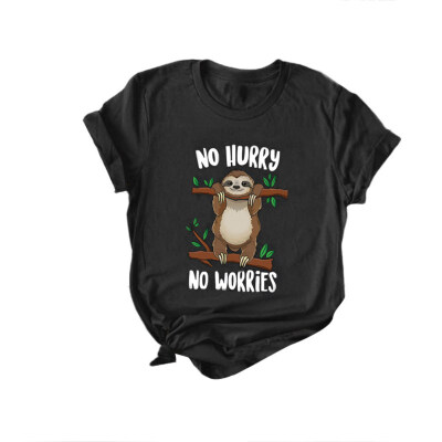 

No Hurry Worries Cute Cartoon Sloth Print Plus Size Women Summer T-Shirt Top