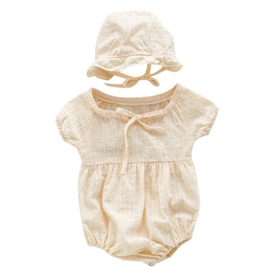 

Lovely Infant Summer Round Collar Puff Sleeve Solid Color Girls Jumpsuit Climb Soft Hat 2pcs Set 0-3Y Newborn Clothes