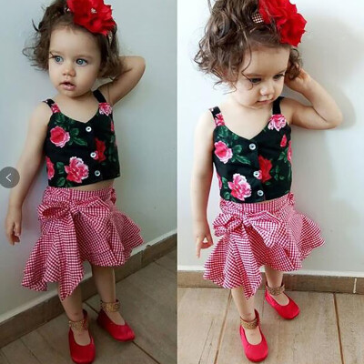 

2019 New Summer Baby Girls Casual Summer Strap Flower Print Tops BlousePlaid Short Skirts Suits Costume Sets