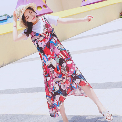 

Womens Short Sleeve T Shirt Knee-Length Dress 2PCSSet Sweet Chiffon Print Slip Dresses Pullover Tops