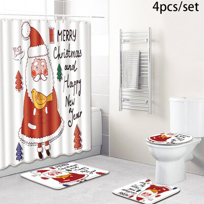 

Home Santa Claus Shower Curtain Bathroom Rug Non Slip Toilet Seat Pad Bath Cover