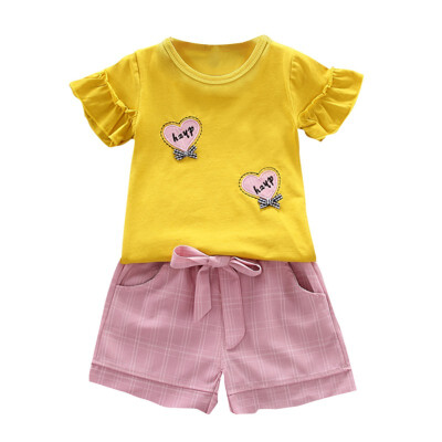 

Baby Girl Clothes Summer Baby Girls Casual Flare Sleeve Heart Pattern T-shirt TopsShorts Suits Costume Set 0-4T