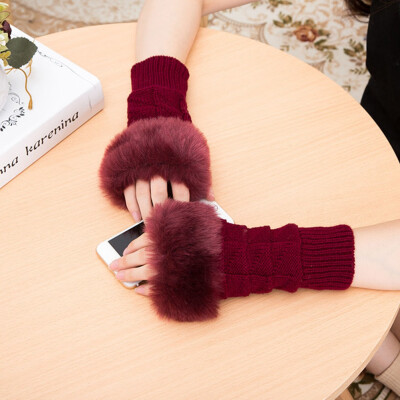 

Women Knitted Fingerless Wrist Hand Arm Winter Warmer Faux Fur Gloves Mittens Plush Handschoenen