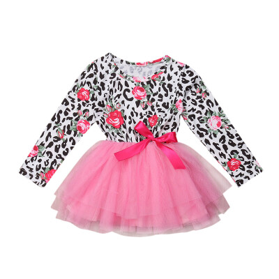 

Spring Autumn Casual Fashion Princess Dress Baby Girls Dress Leopard And Flower Long Sleeve Mesh Party Dress For Kids Girl