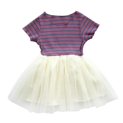 

Summer Baby Girl Cute Striped Dresses Striped Short Sleeve Patchwork Mesh Dress Kids Toddler Girls Ball Gown Pincess Dress