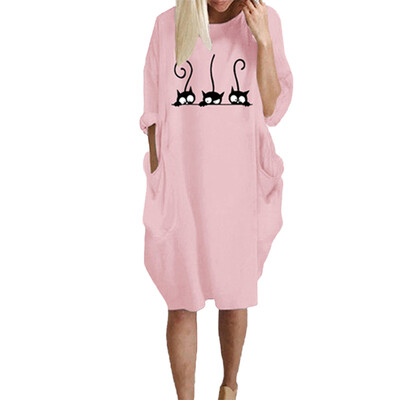 

New Autumn Fashion Women Casual Cartoon Print Loose Dress With Pocket Long Sleeve Midi Dress