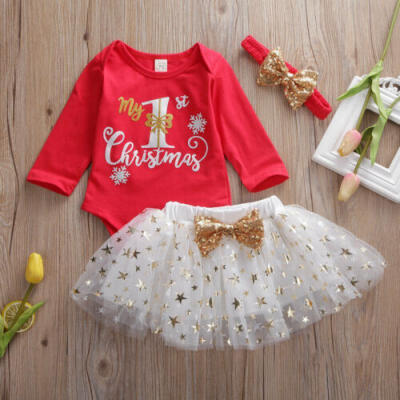 

2019 My 1st Christmas Baby Girls Tops RomperBow Tutu Dress Party Outfit Clothes