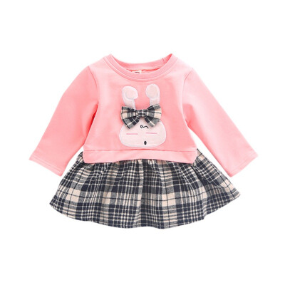 

0-6Y Baby Girls A-Line Dress Long Sleeve Preppy Style Clothes Cartoon Rabbit Lattice Stitching Cotton Children Clothing