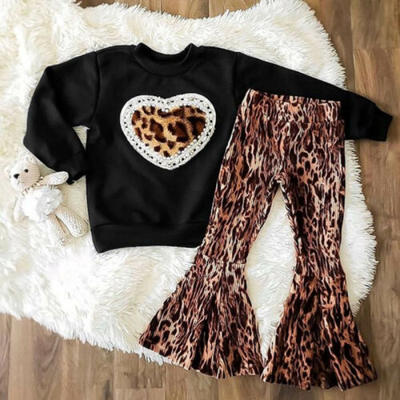 

2PCS Kid Baby Girl Long Sleeve Tops T-shirtLeopard Flared Pants Outfit Clothes