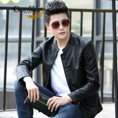 

Crocodile shirt CROCODILE leather mens jacket 2018 autumn&winter new fashion slim collar locomotive short jacket mens 821 dark red 2XL
