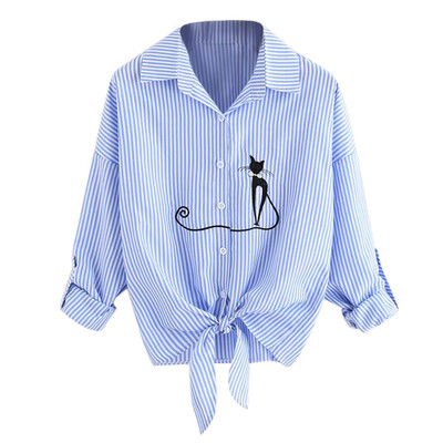 

Embroidered Cat Women Shirts Tie Knotted Hem Casual Long Sleeve Crop Tops Blouse Button Tops Female 3 Colors Size -XXL
