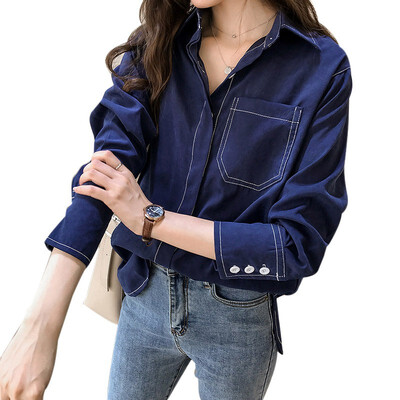 

Women Vintage Autumn Shirt Long Sleeve Button Pocket Solid Color Casual Retro Female Blouses Fall Clothes