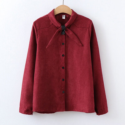 

Sweet Women Bow Tie Collar Long Sleeve Corduroy Autumn Spring Blouses Buttons Fresh Solid Color Shirts Female casual Tops
