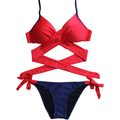 

Women Summer New Style Personality Sexy Lace Up Solid Color Concise Cross-Tie Bikinis Set Polyester Beach Vacation