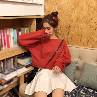 

Simple Women T Shirt Loose Round Collar Tshirt Solid Color Loose Long Sleeve Casual Simple Wild Short T-Shirt Tops