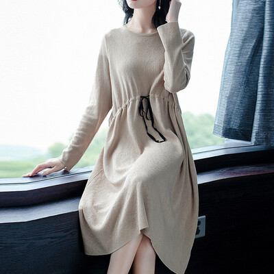 

Solid Color High Waist Plus Size Dress Korean Style Loose Casual Round Neck Long Sleeve Women Dress Autumn Winter New