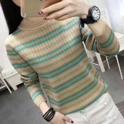 

New Knitted Striped Round Neck Contrast Color Irregular Long-sleeved Sweater Women